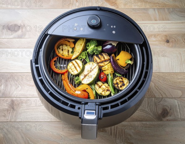 Air fryer with grilled vegetables, wooden table in the kitchen, healthy eating, healthy vegetarian