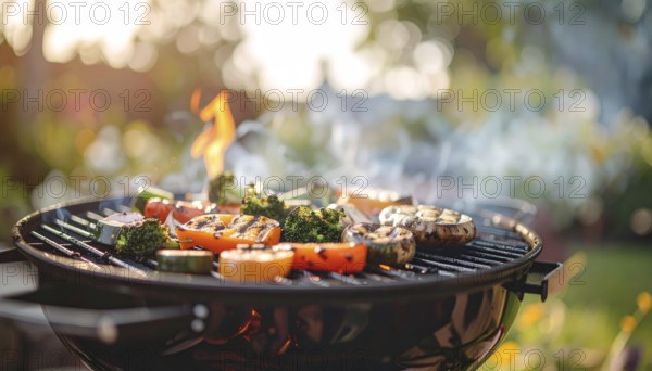 Cooking vegetables on grill outdoors, healthy lifestyle with healthy food, close up of grill with