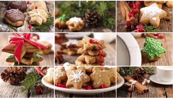 Collage of Christmas cookies and sweets, variation of sweet desserts, lots of unhealthy calories,