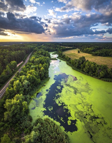 Green algae on the lake. Aerial view of nature, landscape with hills and forest in summer, cloudy