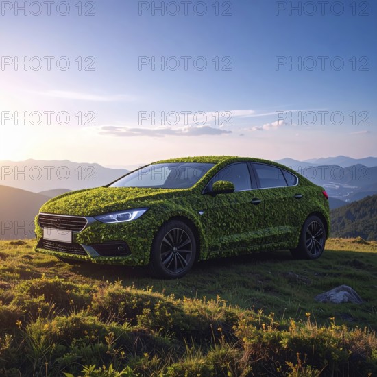 Car formed by green leaves and branches. Sustainable Car technology, ecology concept in harmony