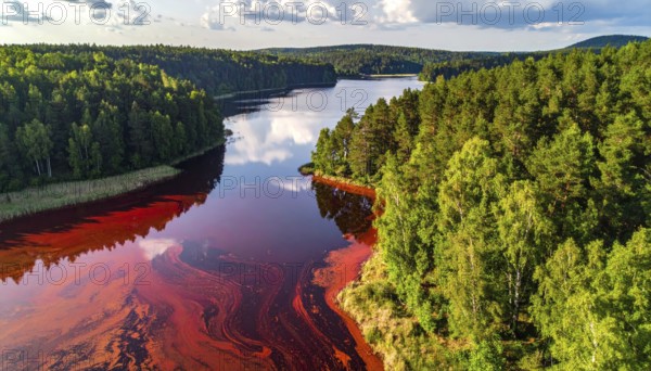 Red algae plant on the lake. abstract ecology nature concept, wild landscape with vibrant red