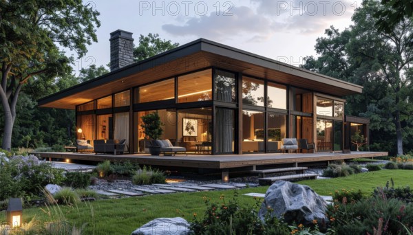 Modern Extension on a Traditional Cottage with Glass and Wood Architecture, green garden with