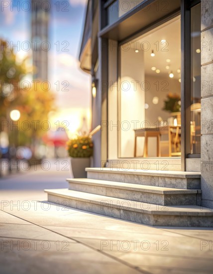 Modern building entrance with stairs, glass facade, and plants in warm evening light, empty