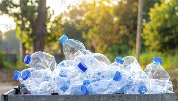 Crushed plastic water bottle waste in a wild landscape, symbol for nature protection, waste