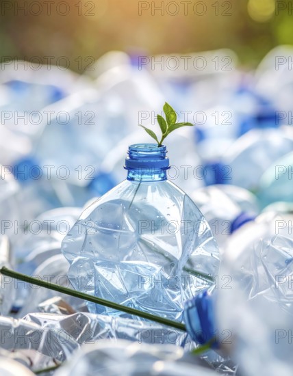 Crushed plastic water bottle waste in a wild landscape, symbol for nature protection, waste