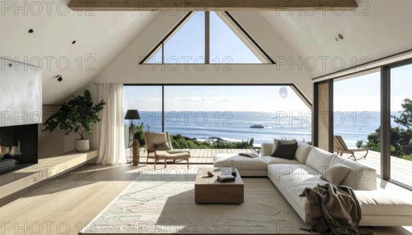 Peaceful A-frame cabin interior with ocean views, real estate lifestyle and travel destination,