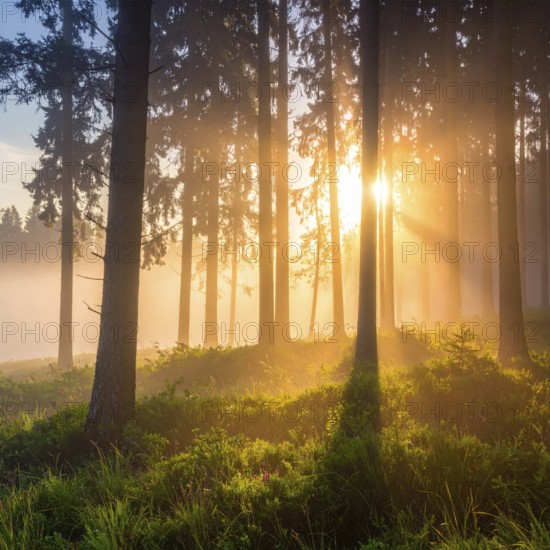 Sunlight streaming through a dense, misty forest, Fog covered forest in summer with mystic golden