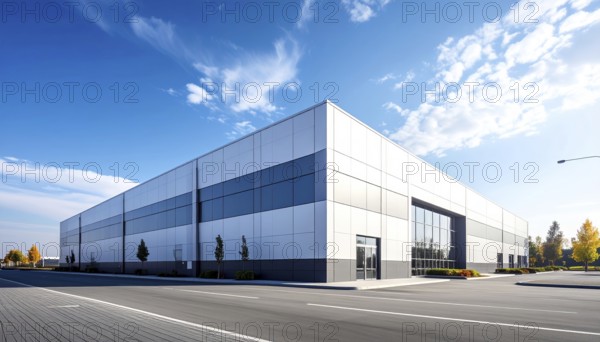 Modern supermarket building exterior against blue sky, Inviting white facade, some clouds, concept