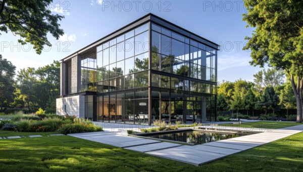 Modern architectural framework with glass and steel structure, glass facade with a greed of steel