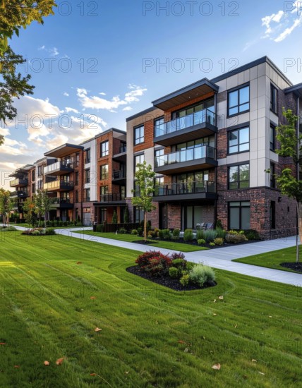 Modern apartment building with balconies and well-kept landscaping at sunset, Modern multifamily