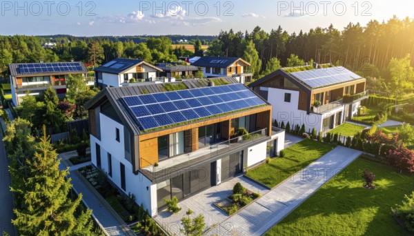 Aerial view showcases modern houses with solar panels and green roofs in a suburban setting,