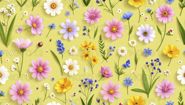 Vibrant wildflowers and grass create a colorful and joyful floral pattern, Variety of wild flowers,