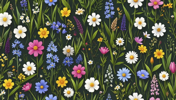 Vibrant wildflowers and grass create a colorful and joyful floral pattern, Variety of wild flowers,
