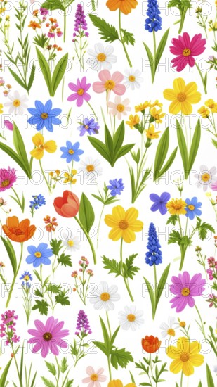 Vibrant wildflowers and grass create a colorful and joyful floral pattern, Variety of wild flowers,
