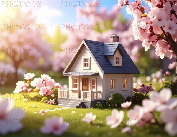 A miniature house surrounded by blooming cherry blossoms and warm sunlight, creating a peaceful and