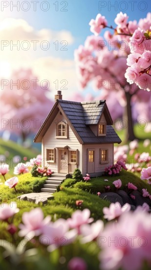 A miniature house surrounded by blooming cherry blossoms and warm sunlight, creating a peaceful and