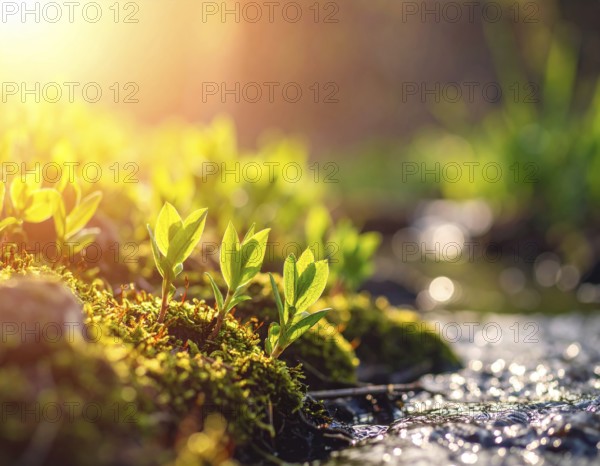Beautiful spring detailed stream of fresh water, vibrant blooming young green plants, wallpaper