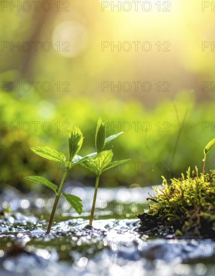 Beautiful spring detailed stream of fresh water, vibrant blooming young green plants, wallpaper