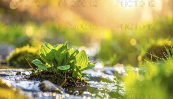 Beautiful spring detailed stream of fresh water, vibrant blooming young green plants, wallpaper