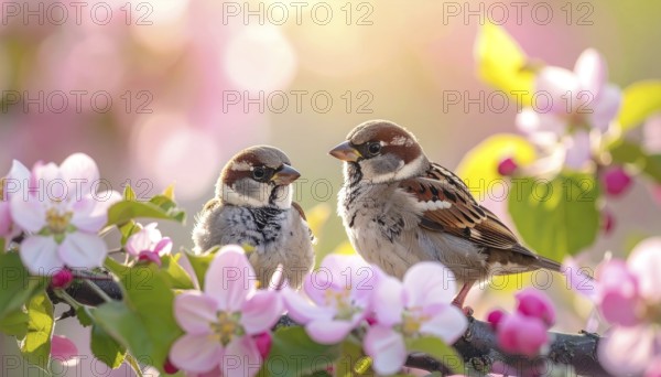 Small funny Sparrow Chicks sit in the garden surrounded by pink Apple blossoms on a Sunny may day,
