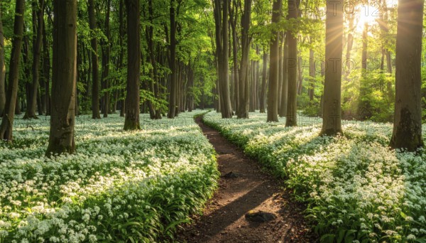 A tranquil forest path lined with white flowers, surrounded by tall trees and bathed in soft