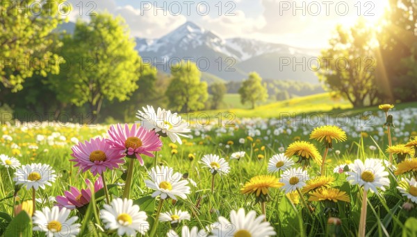 A sunny meadow with daisies in full bloom under bright sunlight, creating a vibrant and cheerful