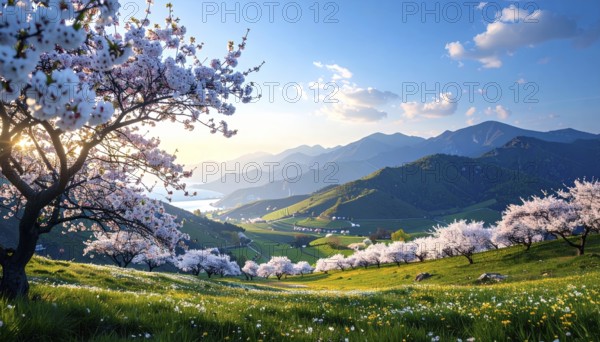 Landscape with a blooming apricot tree, idilyc spring nature, green grass and mountains in