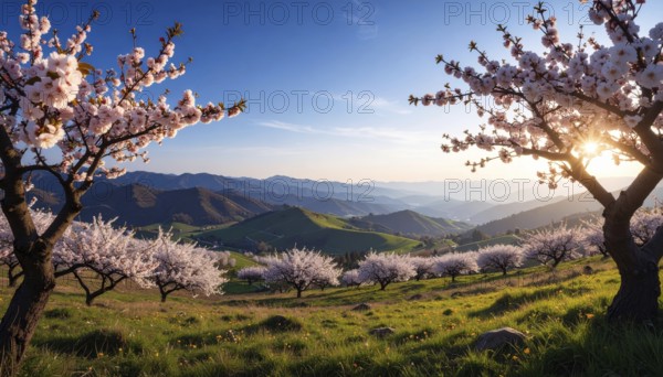 Landscape with a blooming apricot tree, idilyc spring nature, green grass and mountains in