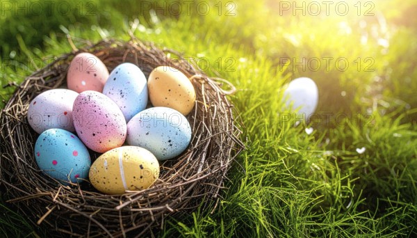 Nest with easter eggs in a basket on grass, sunny spring day, fresh beautiful landscape at