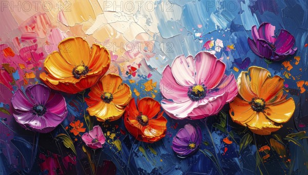 Closeup of abstract rough colorful multicolored organic floral spring flowers art painting texture,