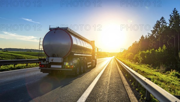 Petrol cargo truck lorry tanker driving on highway hauling oil products at sunrise, wide hilly