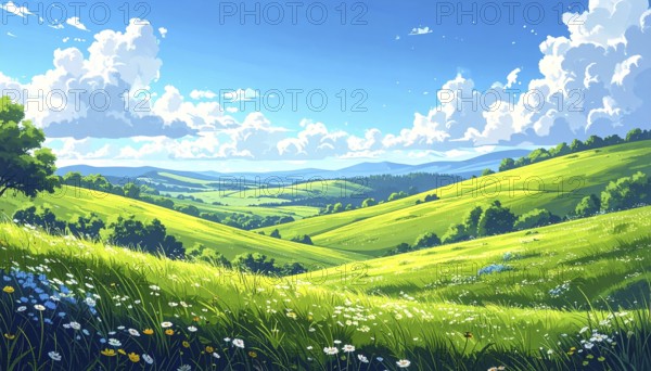 Fresh summer hilly Landscape with blooming Meadow, green plants, Blue Sky with cloudy sky, serene