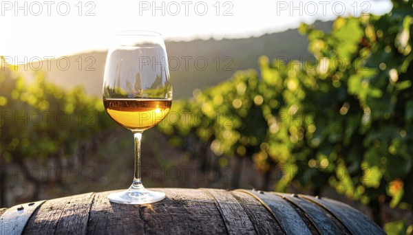 A glass of 10-year-old tawny wine placed on a barrel in a vineyard restaurant, vineyard landscape