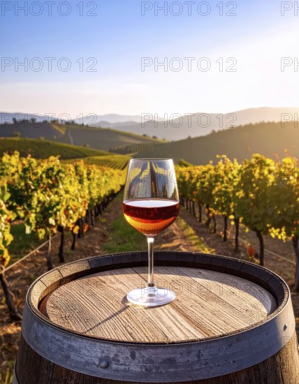 A glass of 10-year-old tawny wine placed on a barrel in a vineyard restaurant, vineyard landscape