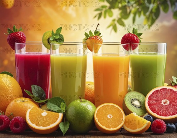 Fresh fruit juices in glasses, surrounded by colorful fruits, showcasing healthy drinking and