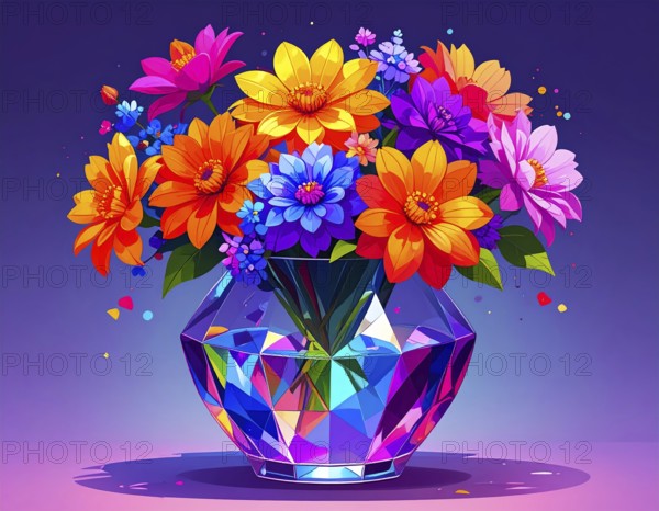 Crystal glass vase with vibrant blooming flowers, vibrant vector drawing illustration for fresh