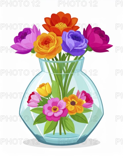 Crystal glass vase with vibrant blooming flowers, vibrant vector drawing illustration for fresh