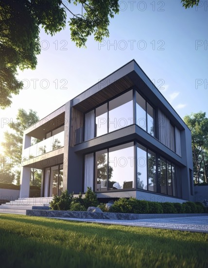 Modern residential house with green garden, simple geometric architecture, clear blue sky in the