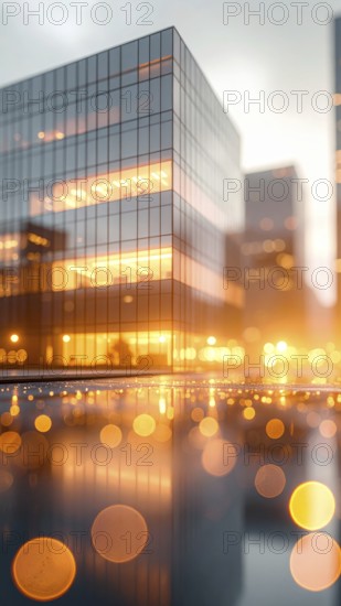 Modern building reflecting sunset light at dusk. Abstract Futuristic Business Background, AI