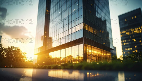 Modern building reflecting sunset light at dusk. Abstract Futuristic Business Background, AI