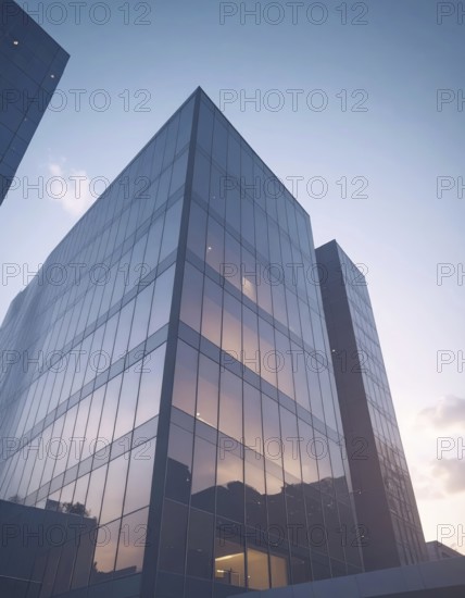 Modern building reflecting sunset light at dusk. Abstract Futuristic Business Background, AI