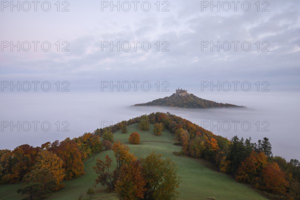 Hohenzollern Castle in a sea of fog at sunrise, autumn in the Swabian Jura