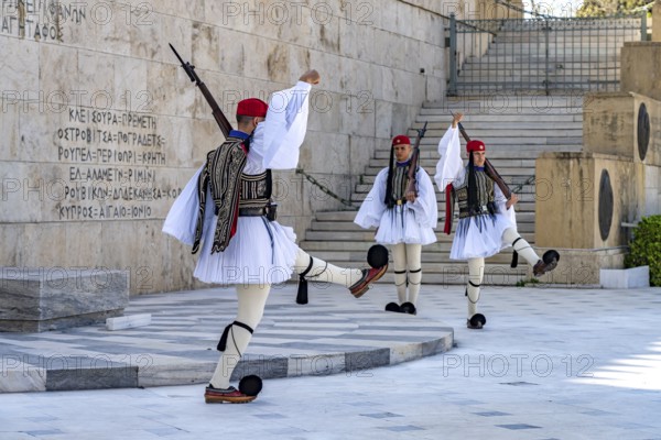 The traditional changing of the guard of the Evzones in front of the Greek Parliament in the Greek