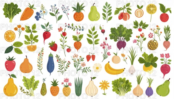 Spring and summer fruit and vegetable element set, vector illustration, AI generated