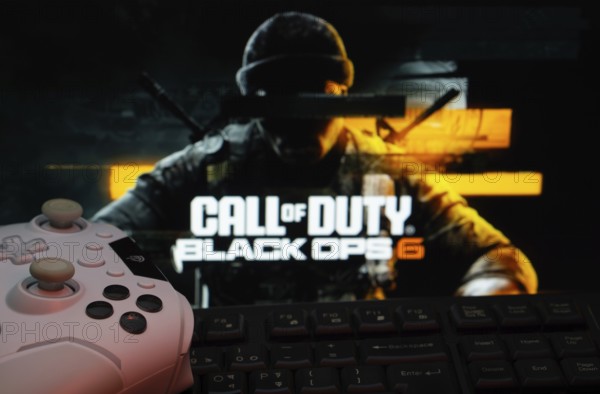 Dhaka, Bangladesh- 06 Sep 2025: A close-up of a white gamepad with Call of Duty Black Ops 6 seen on