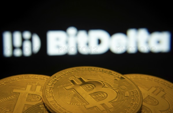 Dhaka, Bangladesh- 02 June 2025: Close-up of Bitcoin coins with the BitDelta logo visible on a
