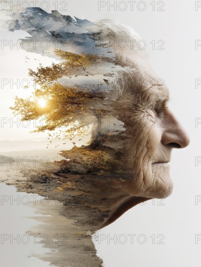 Double exposure of an elderly man and decaying parts of a landscape, symbolic image for memory