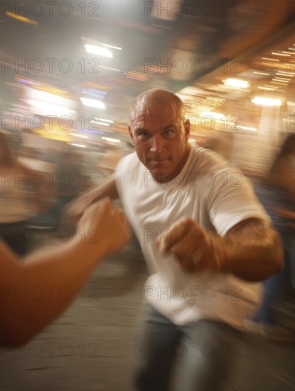 A man gets into a fighting stance, surrounded by dynamic movement and a background filled with