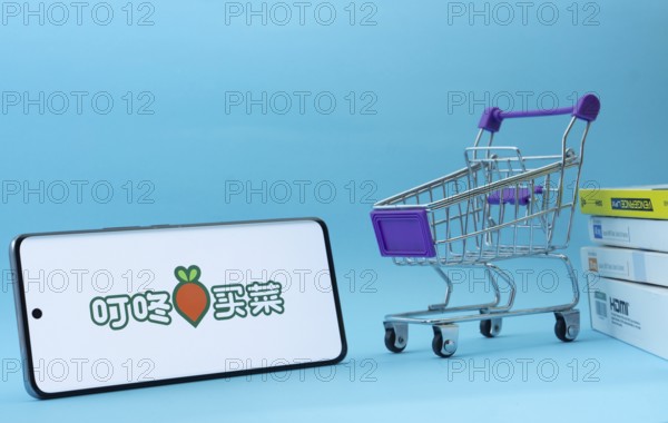 Dhaka, Bangladesh- 03 July 2025: Smartphone with Dingdong Maicai logo next to a small shopping cart